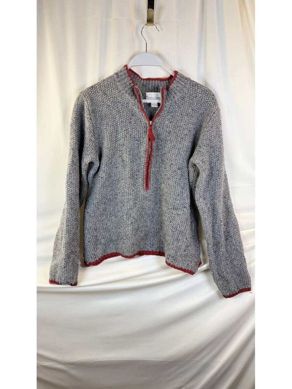 Christopher & Banks Hand Crochet 3/4 Zip Cardigan Sweater  Gray/Red Knit Sz L
